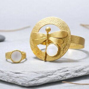 Boho Chic Dragonfly Pearl Jewelry Set 18K Gold Plated Brass Handmade Istanbul